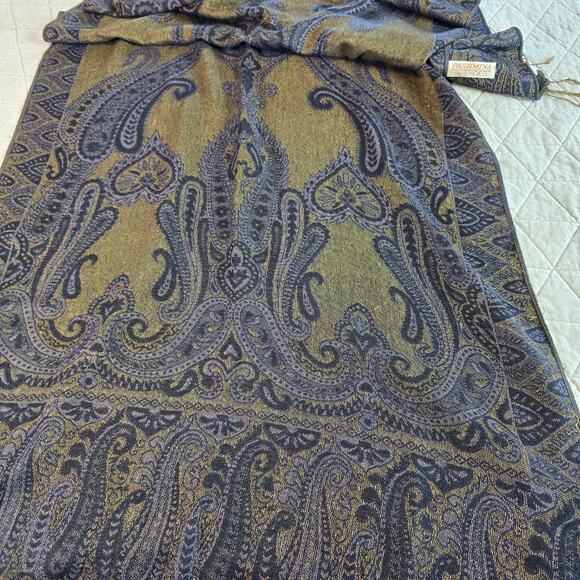 Pashmina Cashmere Blend Scarf Wrap Blue Gold Paisley Elegant Tasseled Romantic - Picture 10 of 10